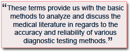 The terms discussed above provide us with the basic methods to analyze and discuss the medical literature in regards to the accuracy and reliability of various diagnostic testing methods.