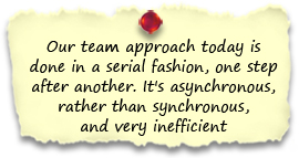 
Our team approach today is done in a serial fashion, one step after another.  It's asynchronous, rather than synchronous, and very inefficientt