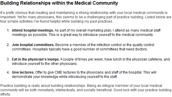 Building Relationships within the Medical Community list