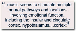 music seems to stimulate multiple neural pathways and locations involving emotional function, including the insular and cingulate cortex, hypothalamus, hippocampus, amygdala, and prefrontal cortex.