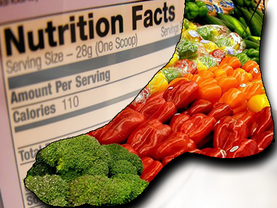 foot outline filled with vegetables in front of a nutrition facts label