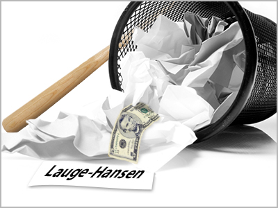 tipped trash can with a five-dollar bill and a paper with Lauge-Hansen coming out of it