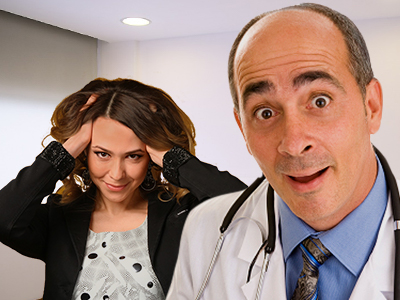 woman seductively standing behind surprised doctor