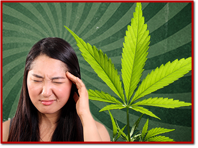 girl in pain next to a cannabis plant.