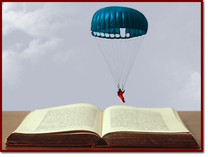 person parachuting into a book